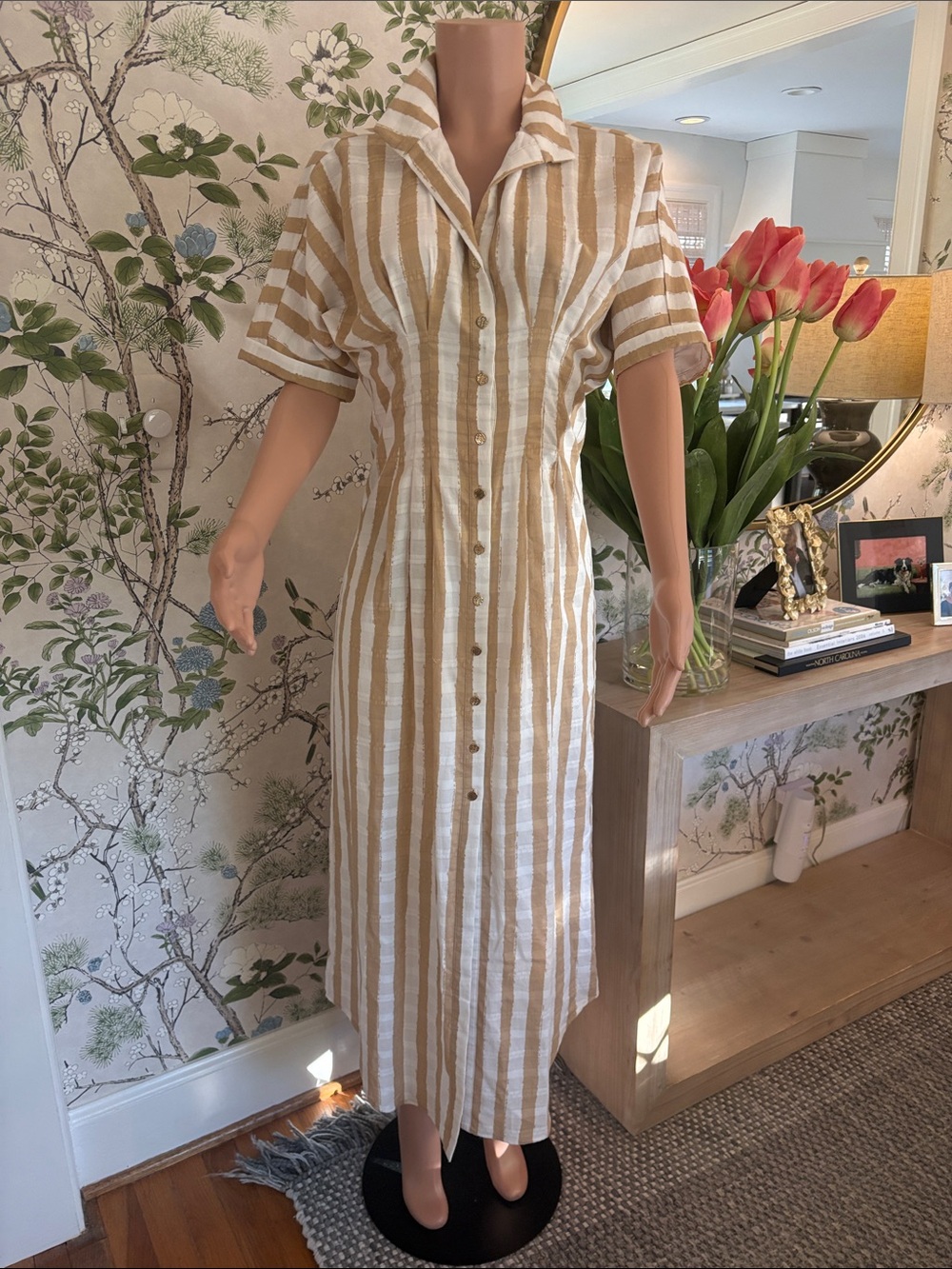Button-Front Striped Maxi Shirt Dress in Tan & White
